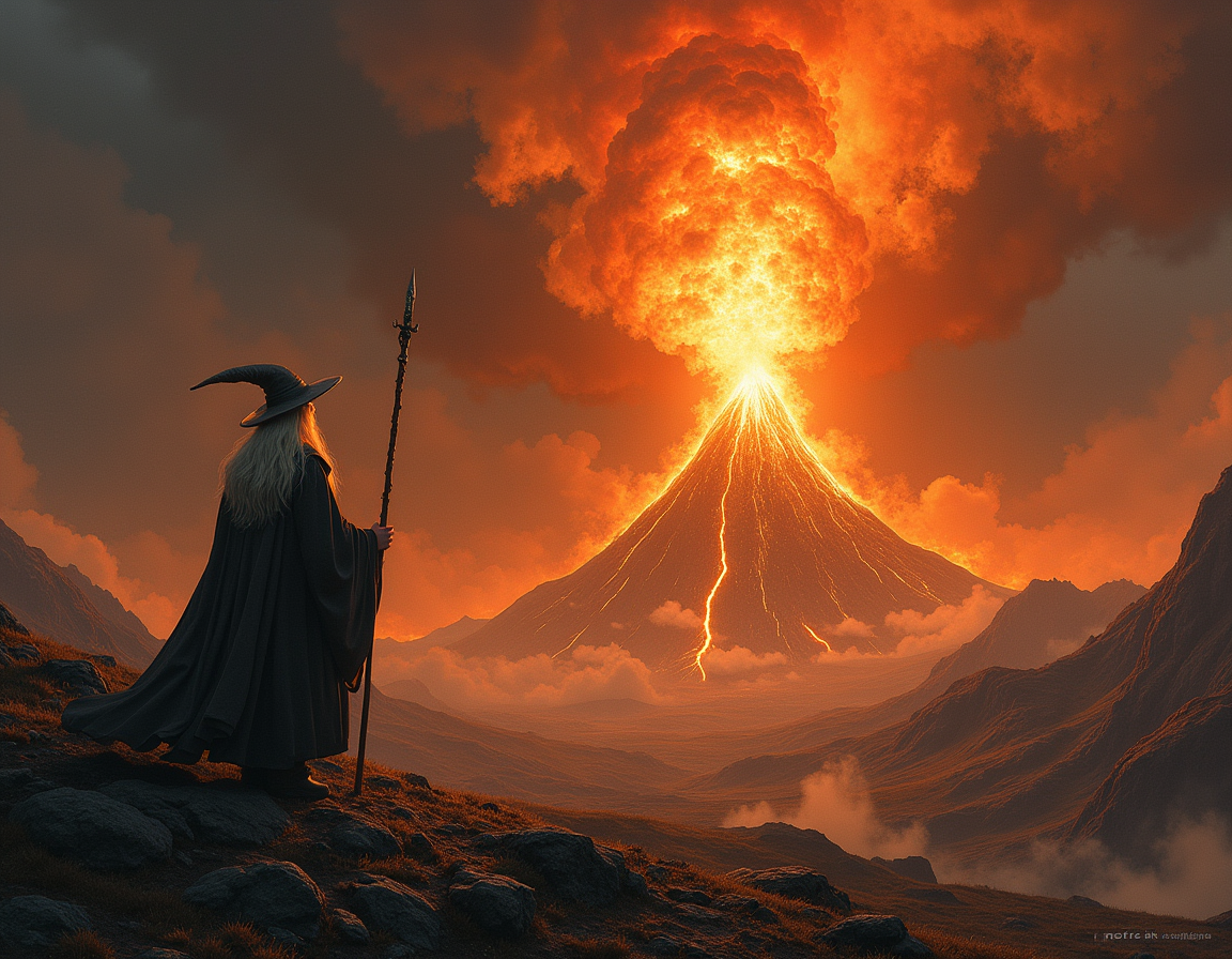 00000-3777069195-Gandalf, erupting Orodruin from Lord of the Rings on background, Volcanic Dreamscape, epic scene, masterpiece in the style of ch.png